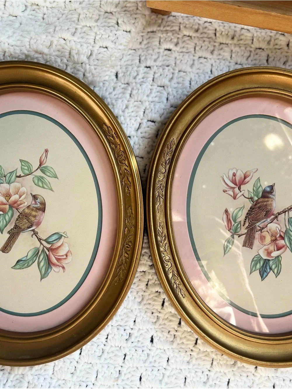 Gold Oval Floral Bird Wall Art Pair - Pink Accents